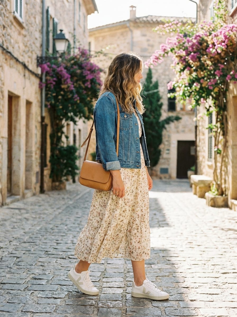 Midikleid mit Jeansjacke - Spätsommer Outfit